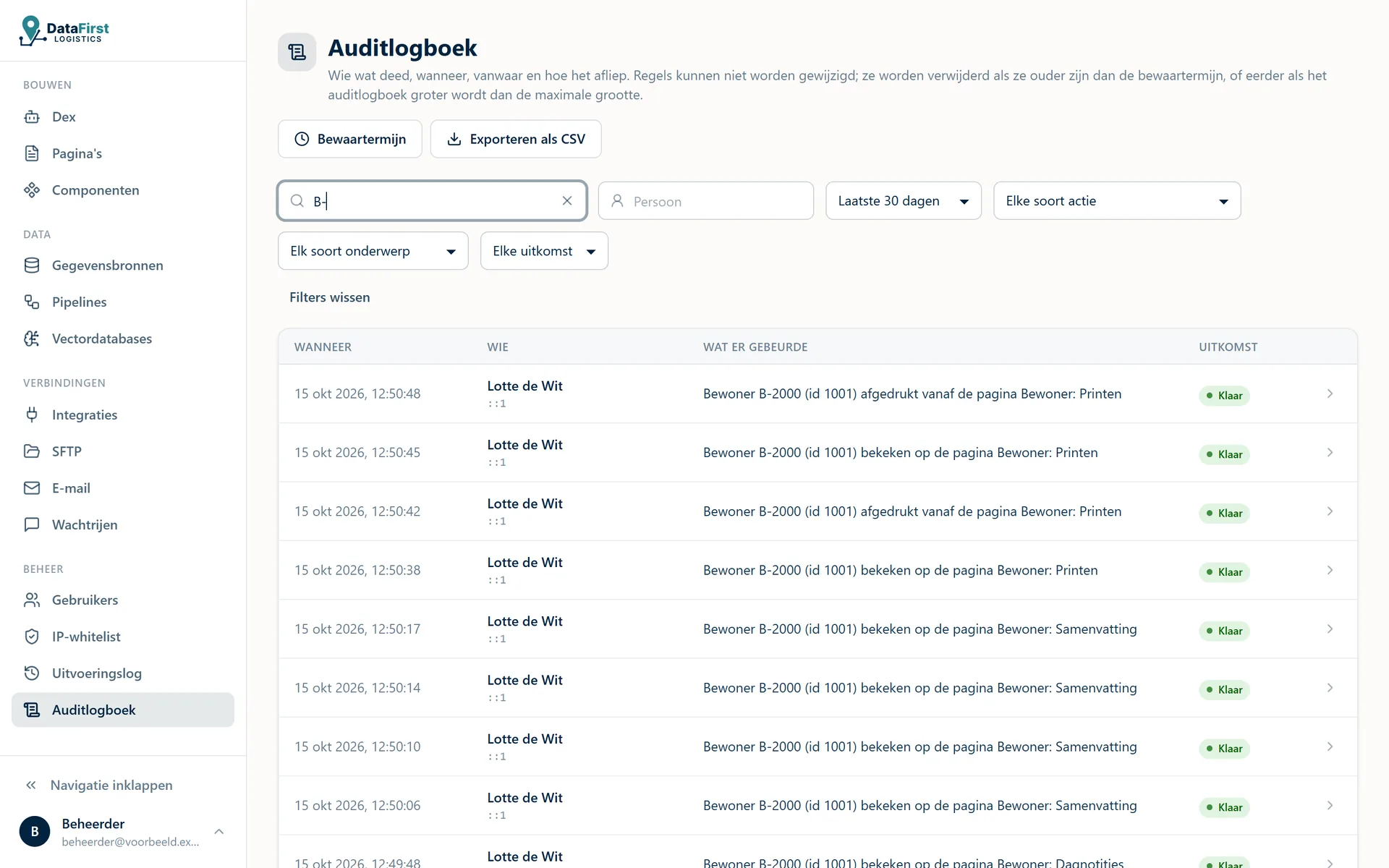 Het auditlogboek met aanmeldingen, ingeziene dossiers en wijzigingen.