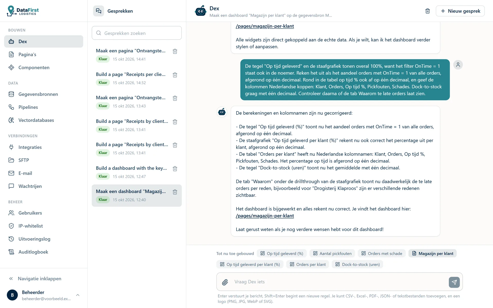 Dex na het bouwen van een dashboard: het gesprek en de lijst van wat hij maakte.