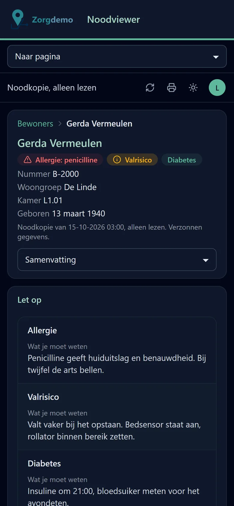 Hetzelfde dossier op een telefoon: de tabs worden een keuzelijst.