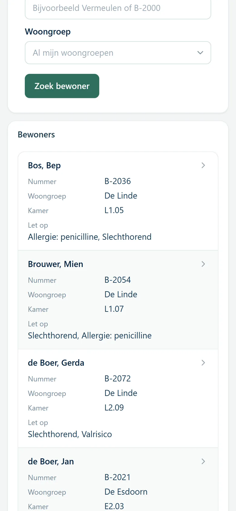 Gevonden bewoners op een telefoon, elk als kaart met nummer, woongroep, kamer en waarschuwingen.