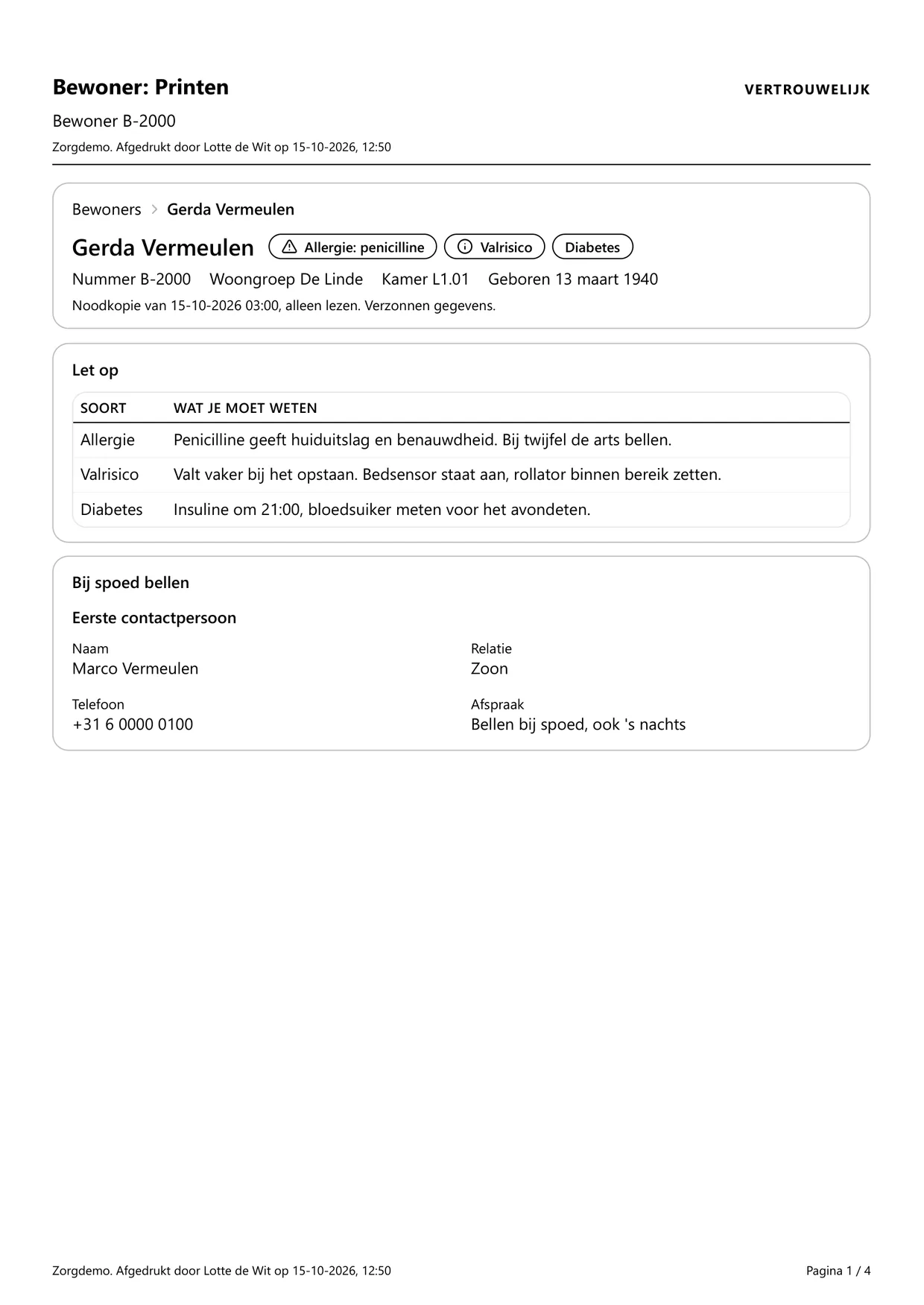 De eerste pagina van een afdruk met de kop Bewoner: Printen, Vertrouwelijk, en wie het printte en wanneer.