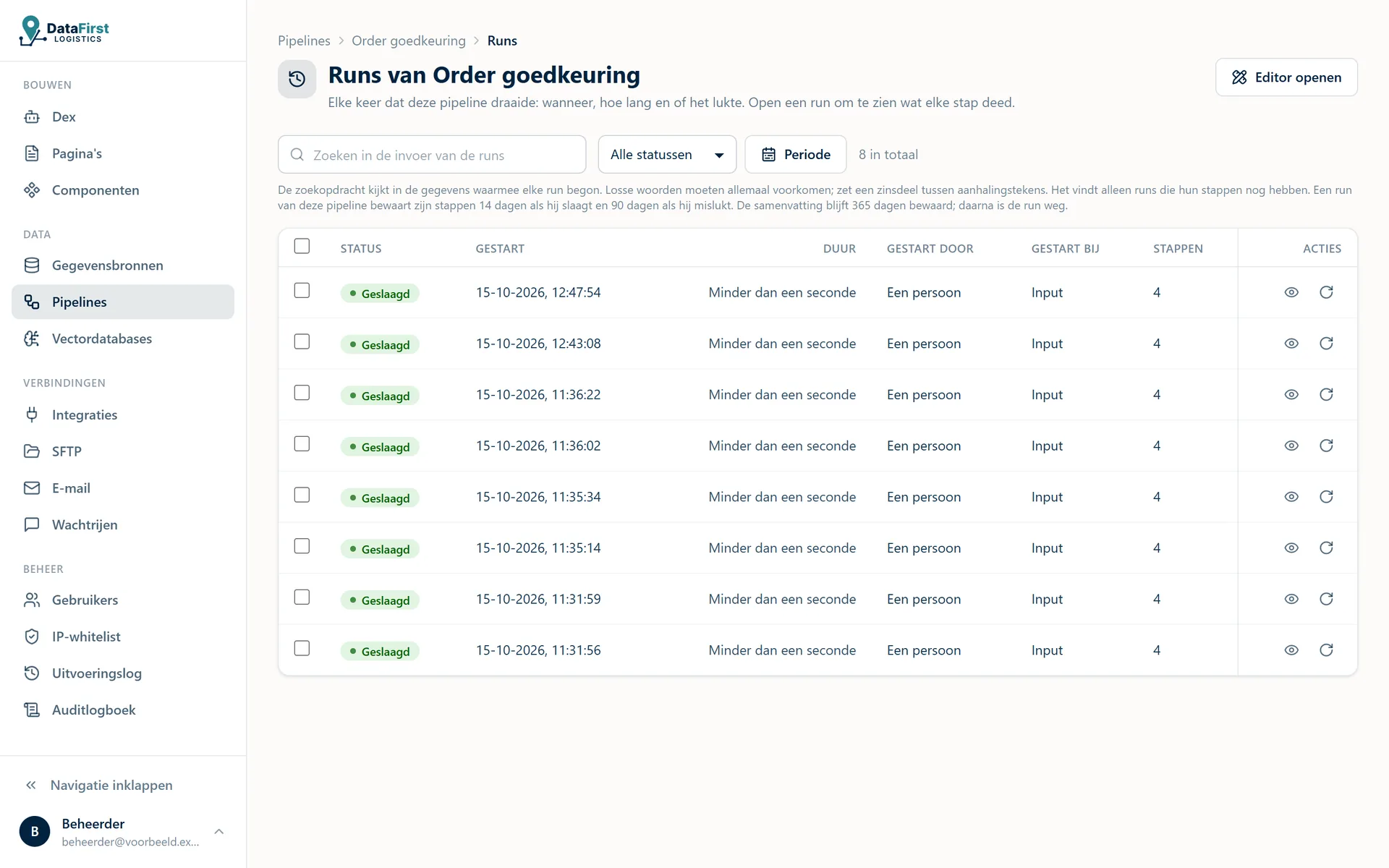 De runs van de pipeline Order goedkeuring: status, start, duur, wie startte en het aantal stappen.